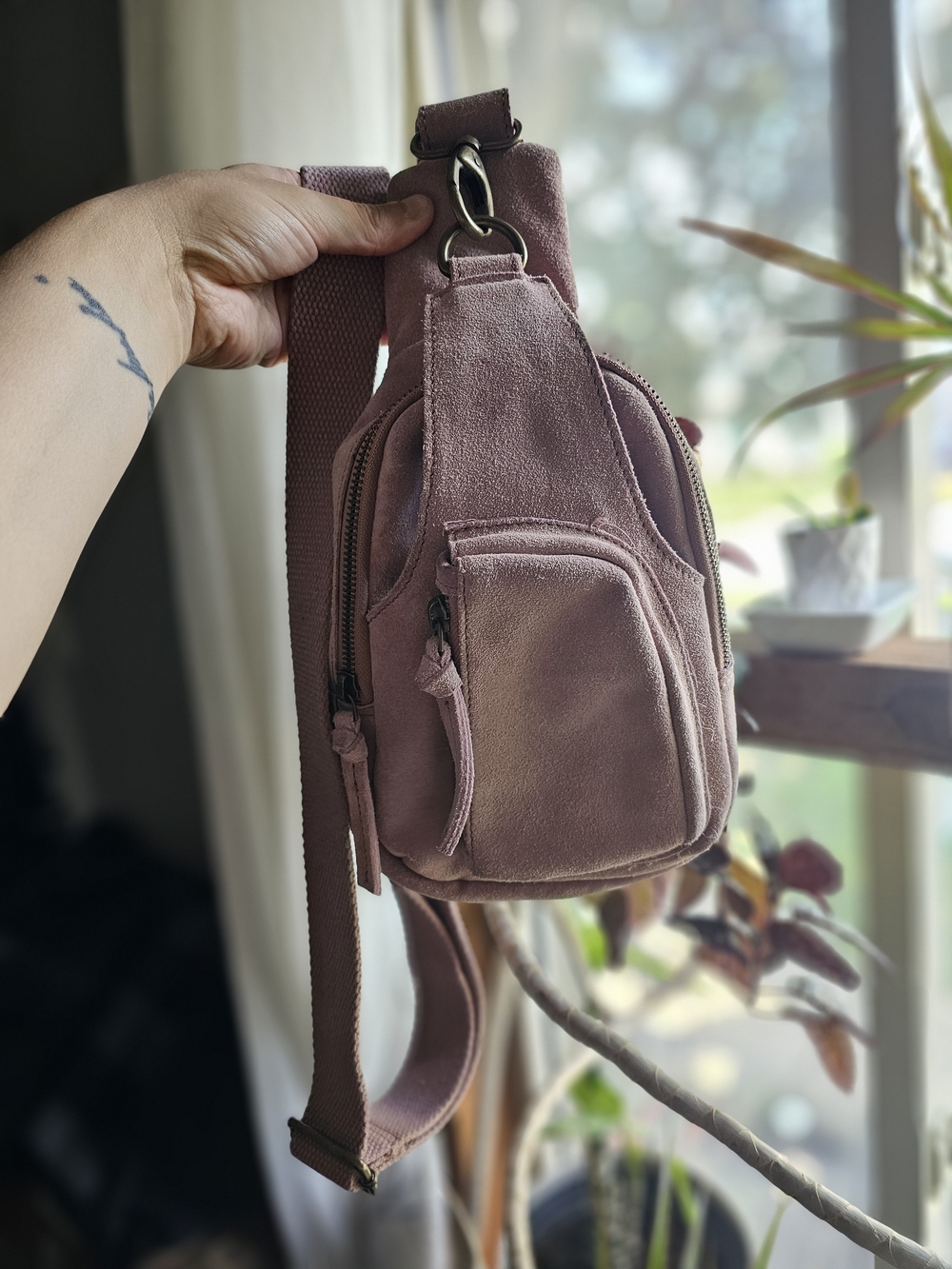 Mauve Suede Mini Sling Backpack